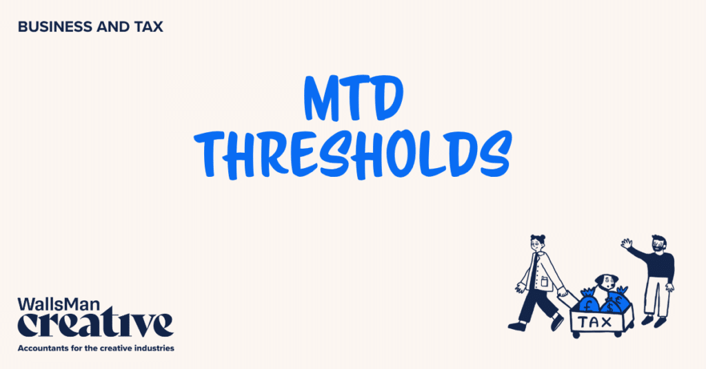 Text: "MTD thresholds" in the middle, on a beige background, featuring an illustration in the bottom right corner and WallsMan Creative logo in the bottom left corner.