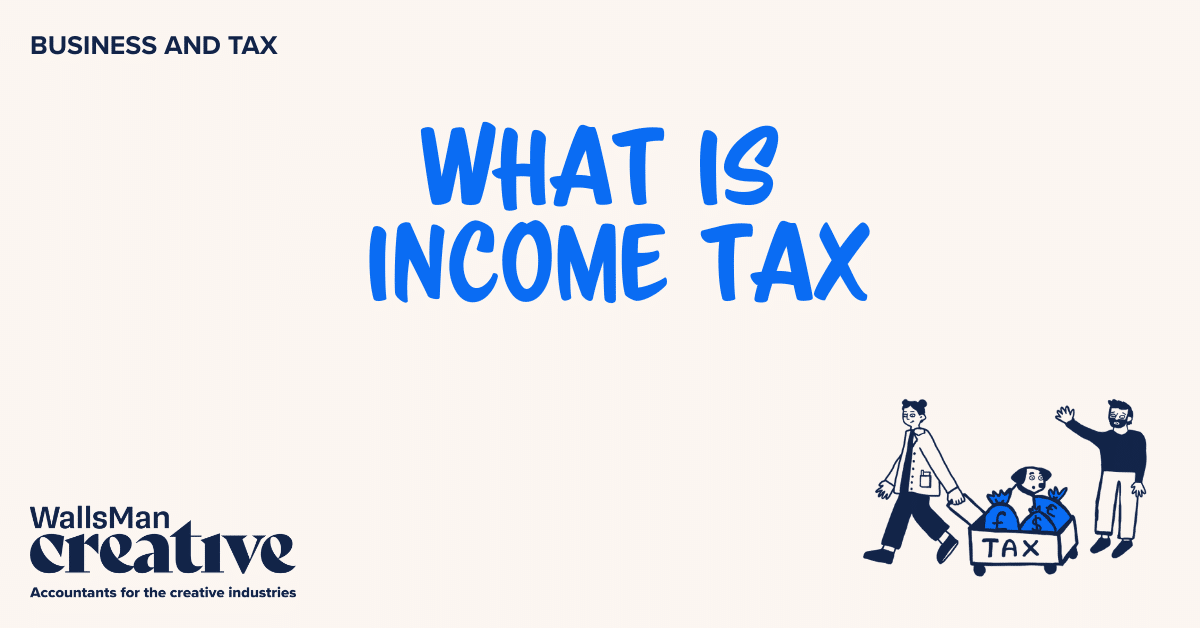 Text: "what is income tax" in the middle, on a beige background, featuring an illustration in the bottom right corner and WallsMan Creative logo in the bottom left corner.