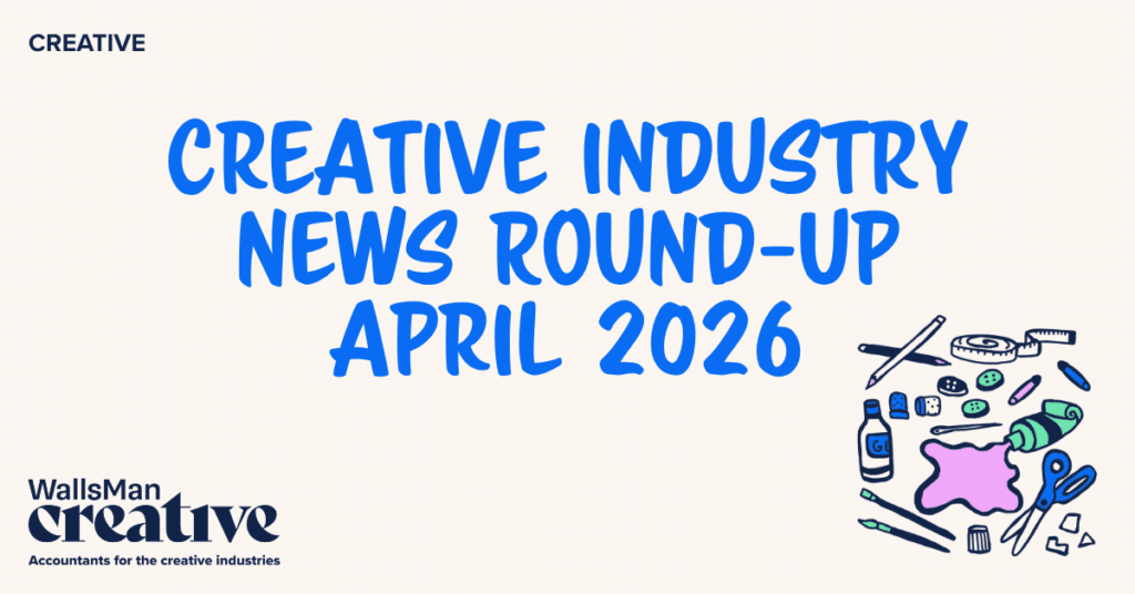 Text: "creative industry news round-up april 2026" in the middle, on a beige background, featuring an illustration in the bottom right corner and WallsMan Creative logo in the bottom left corner.