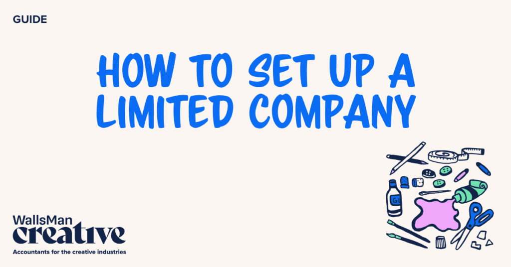 Text: "how to set up a limited company" in the middle, on a beige background, featuring an illustration in the bottom right corner and WallsMan Creative logo in the bottom left corner.