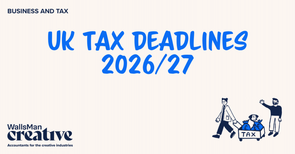 Text: "uk tax deadlines 2026/27" in the middle, on a beige background, featuring an illustration in the bottom right corner and WallsMan Creative logo in the bottom left corner.