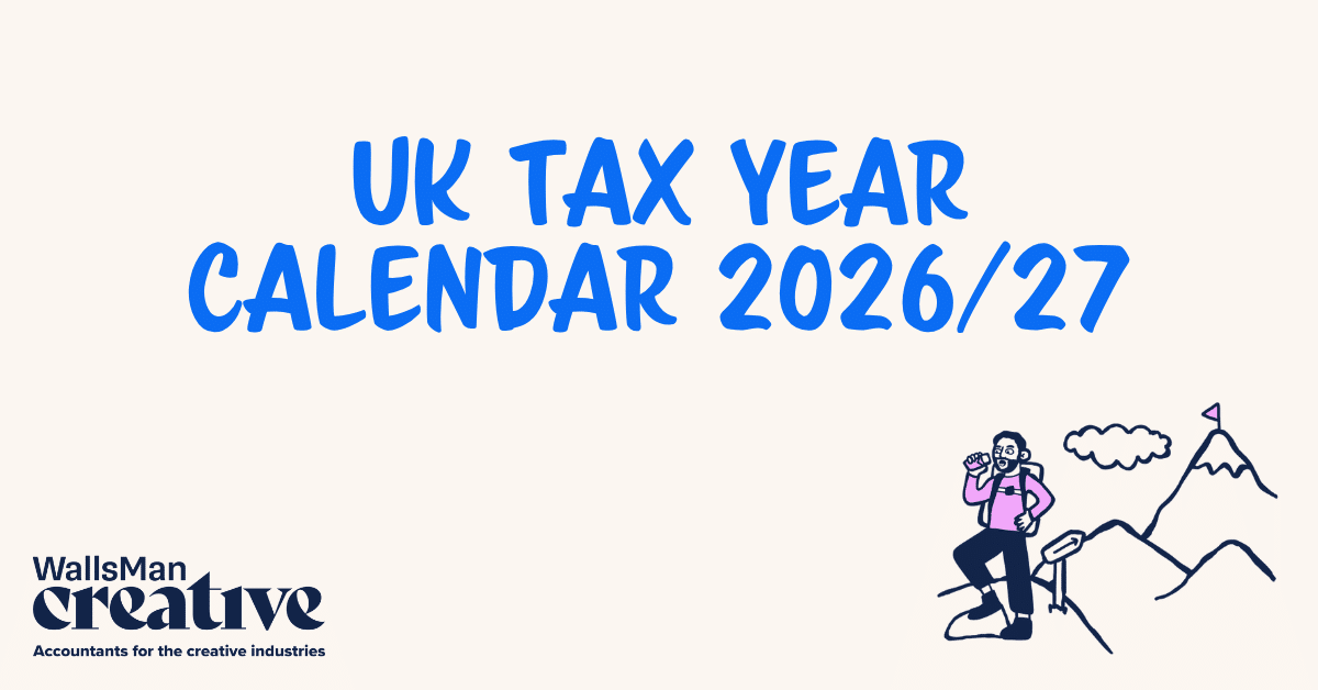 Text: "uk tax year calendar 2026/27" in the middle, on a beige background, featuring an illustration in the bottom right corner and WallsMan Creative logo in the bottom left corner.