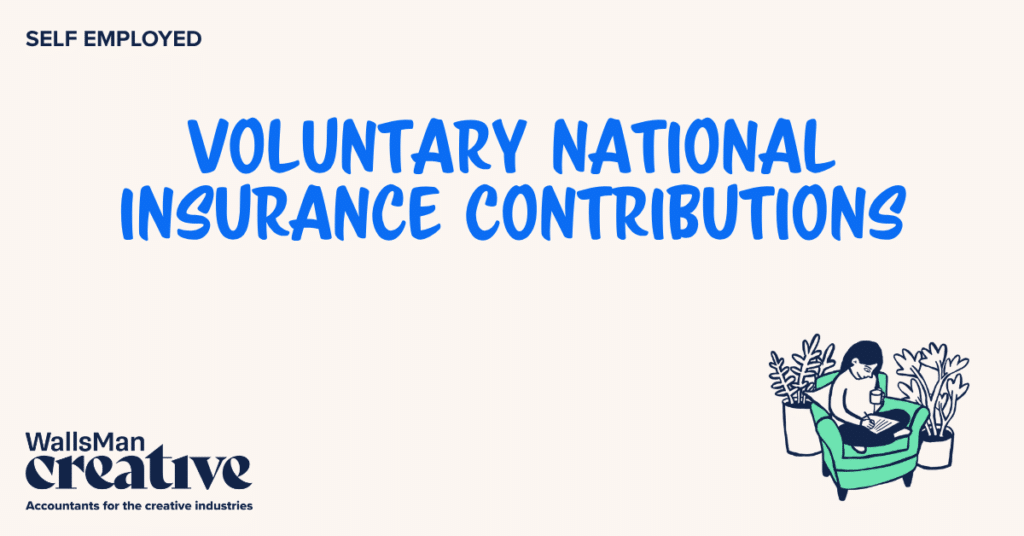 Text: "voluntary national insurance contributions" in the middle, on a beige background, featuring an illustration in the bottom right corner and WallsMan Creative logo in the bottom left corner.