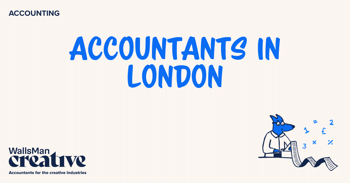 Text: "accountants in london" in the middle, on a beige background, featuring an illustration in the bottom right corner and WallsMan Creative logo in the bottom left corner.