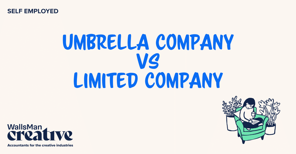Text: "umbrella company vs limited company" in the middle, on a beige background, featuring an illustration in the bottom right corner and WallsMan Creative logo in the bottom left corner.
