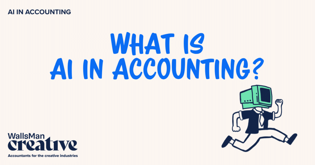 Text: "what is ai in accounting" in the middle, on a beige background, featuring an illustration in the bottom right corner and WallsMan Creative logo in the bottom left corner.