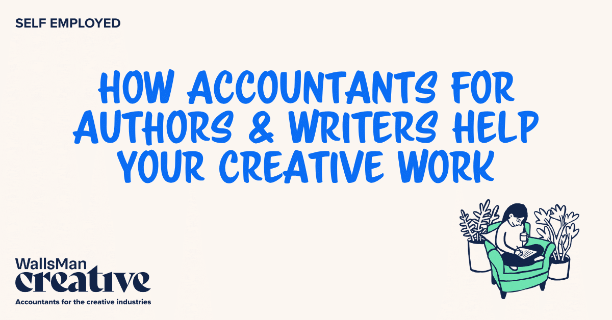 Text: "how accountants for authors & writers help your creative work" in the middle, on a beige background, featuring an illustration in the bottom right corner and WallsMan Creative logo in the bottom left corner.
