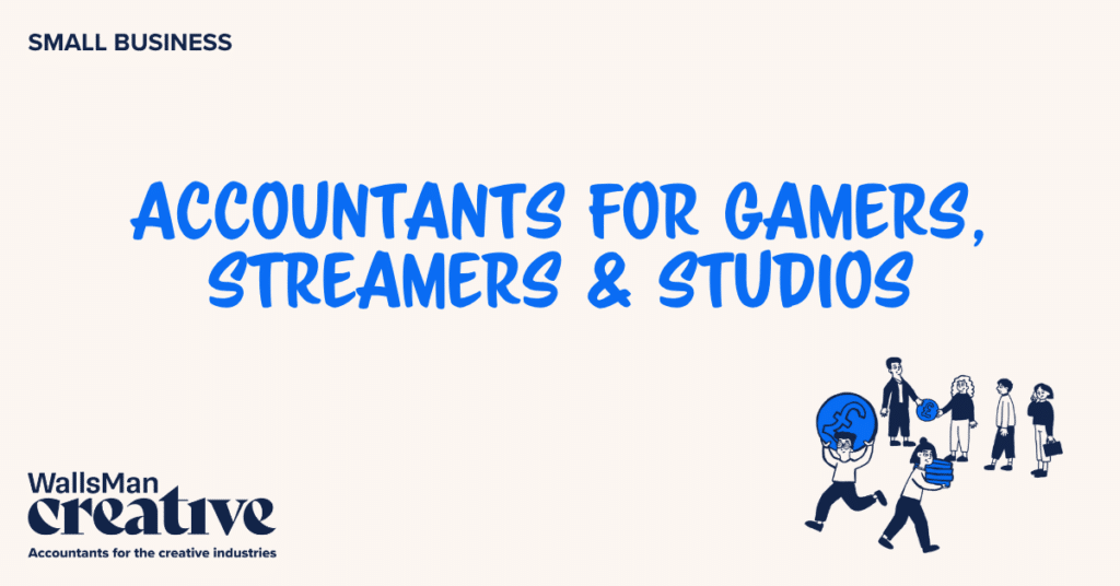 Text: "accountants for gamers, streamers & studios" in the middle, on a beige background, featuring an illustration in the bottom right corner and WallsMan Creative logo in the bottom left corner.