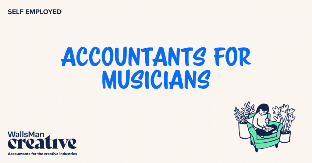 Text: "accountants for musicians" in the middle, on a beige background, featuring an illustration in the bottom right corner and WallsMan Creative logo in the bottom left corner.