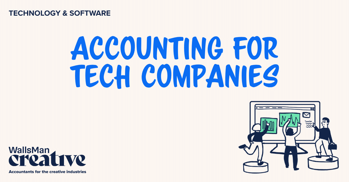 Text: "accounting for tech companies" in the middle, on a beige background, featuring an illustration in the bottom right corner and WallsMan Creative logo in the bottom left corner.