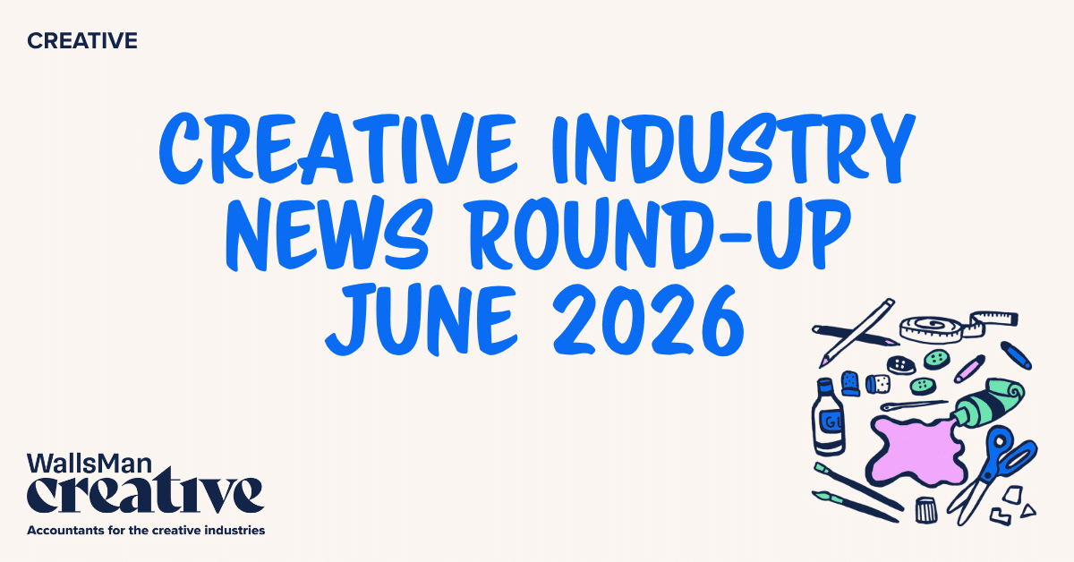 Text: "creative industry news round-up June 2026" in the middle, on a beige background, featuring an illustration in the bottom right corner and WallsMan Creative logo in the bottom left corner.