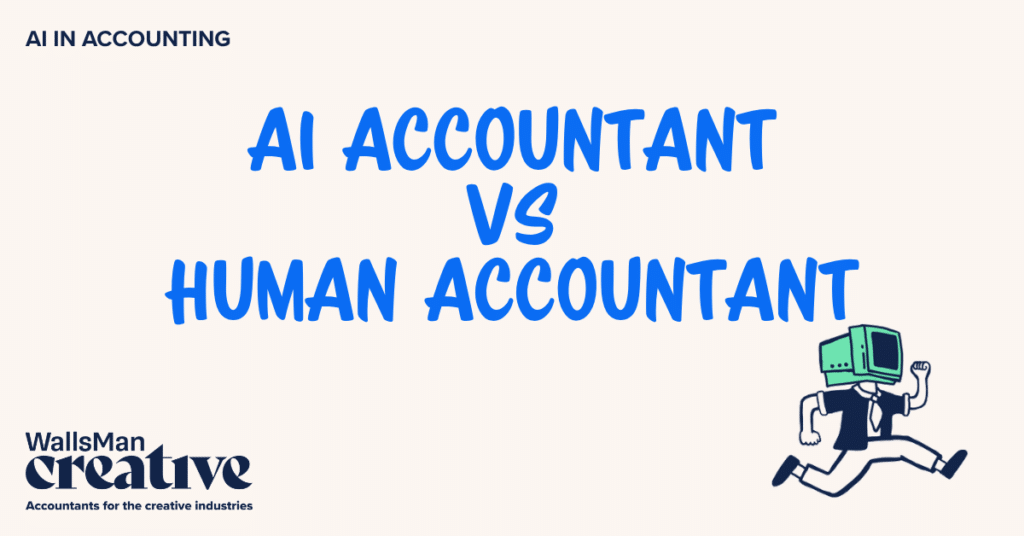 Text: "ai accountant vs human accountant" in the middle, on a beige background, featuring an illustration in the bottom right corner and WallsMan Creative logo in the bottom left corner.