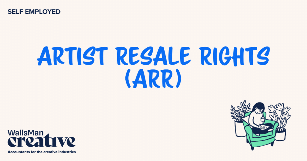 Text: "artist resale rights" in the middle, on a beige background, featuring an illustration in the bottom right corner and WallsMan Creative logo in the bottom left corner.