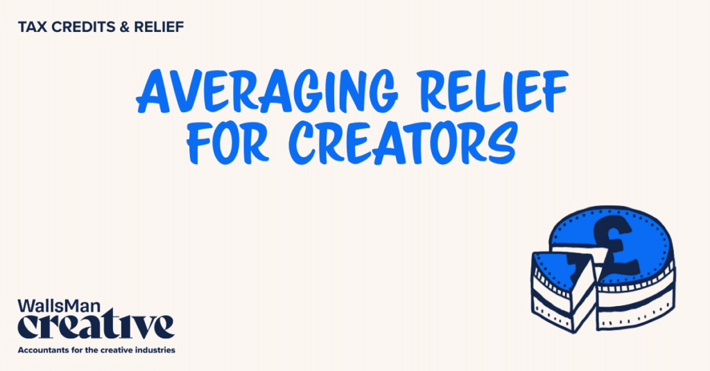 Text: "averaging relief for creators" in the middle, on a beige background, featuring an illustration in the bottom right corner and WallsMan Creative logo in the bottom left corner.