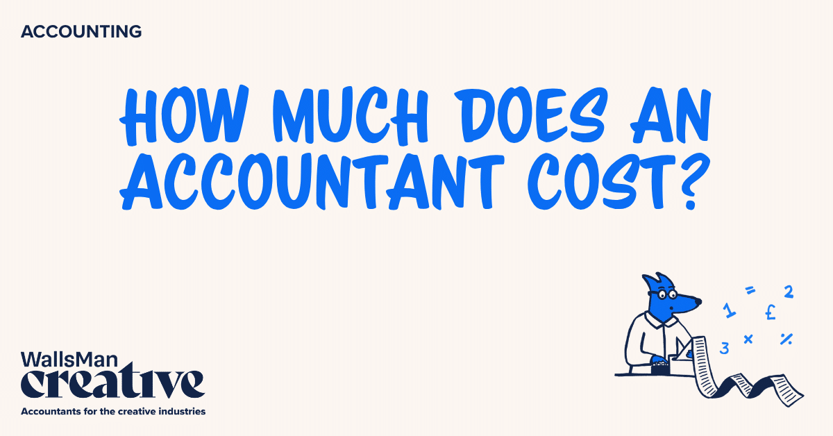 Text: "how much does an accountant cost" in the middle, on a beige background, featuring an illustration in the bottom right corner and WallsMan Creative logo in the bottom left corner.
