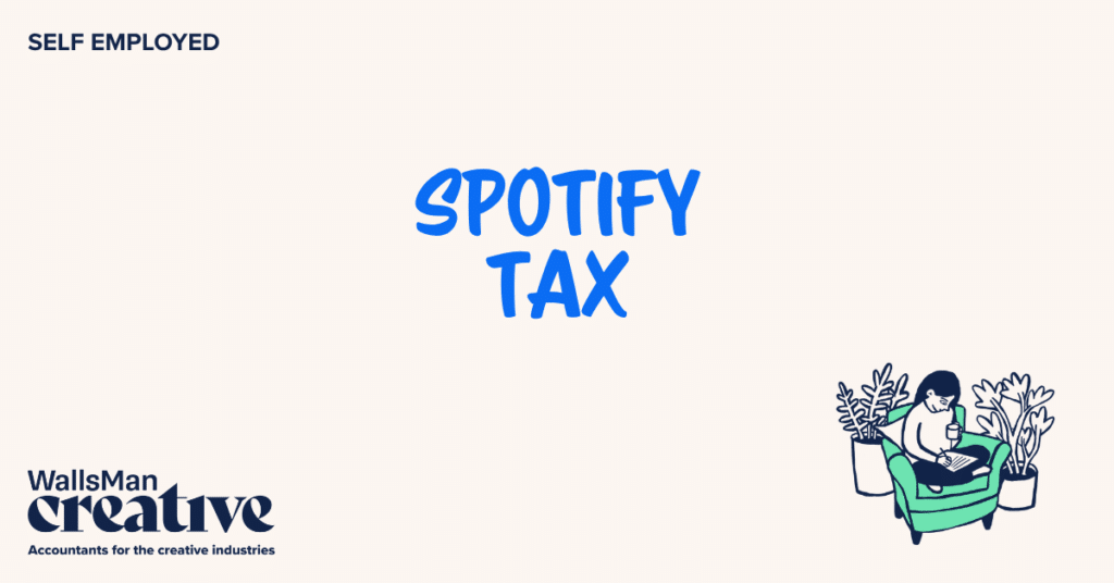 Text: "spotify tax" in the middle, on a beige background, featuring an illustration in the bottom right corner and WallsMan Creative logo in the bottom left corner.