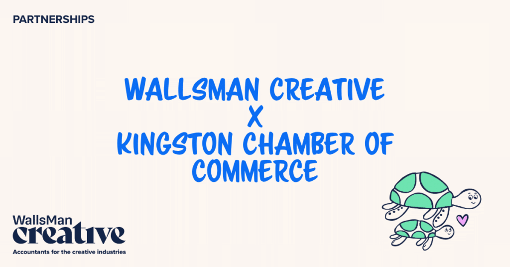 Text: "wallsman creative x kingston chamber of commerce" in the middle, on a beige background, featuring an illustration in the bottom right corner and WallsMan Creative logo in the bottom left corner.
